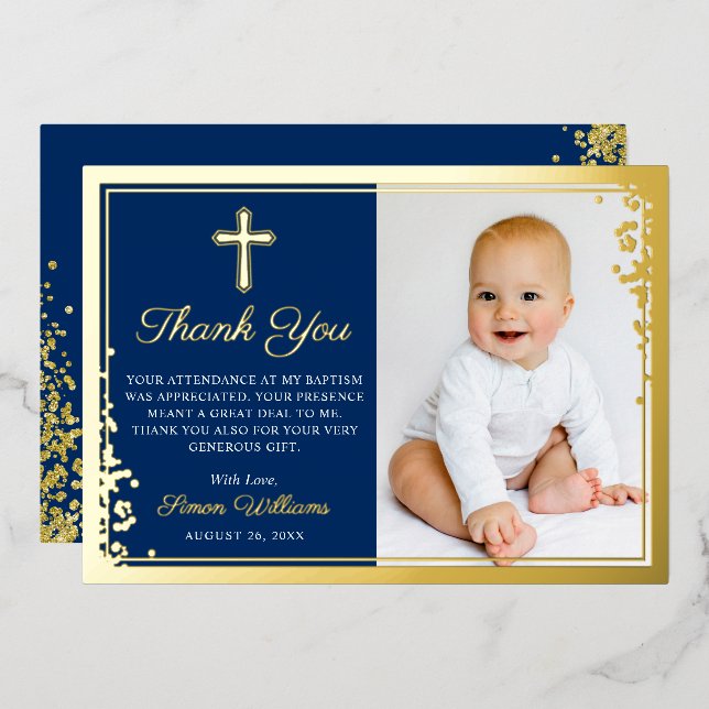 Foil Gold Navy Blue Baptism Photo Thank You Card (Front/Back)