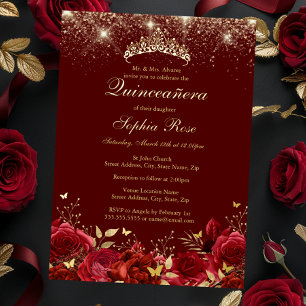 Foil Gold Red Floral Butterfly Tiara Quinceanera