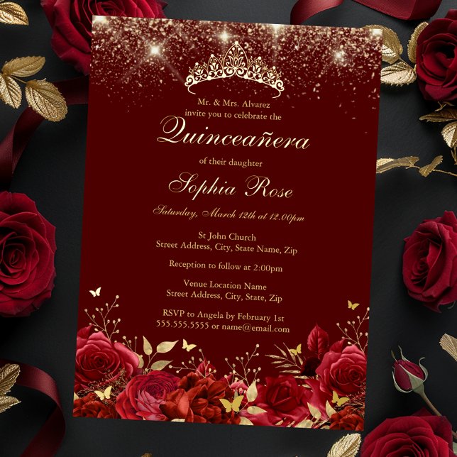 Foil Gold Red Floral Butterfly Tiara Quinceanera (Creator Uploaded)