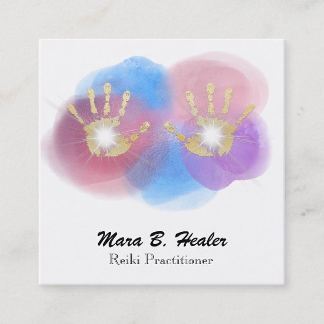 *~* Foil Gold Reiki Healing Hands Radiating Energy Square Business Card (Front)