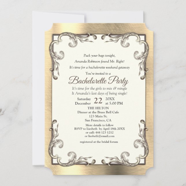 Foil-Gold-Silver-Brass Bachelorette Party Invitation (Front)