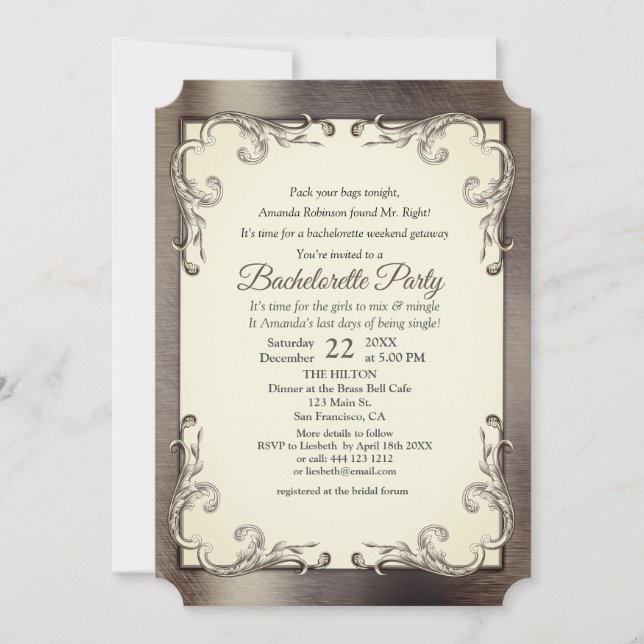 Foil-Gold-Silver-Brass Bachelorette Party Invitation (Front)