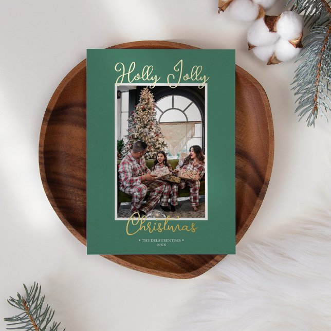 FOIL Green Holly Jolly Christmas Family Photo Foil Holiday Card (Creator Uploaded)