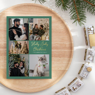 FOIL Green Holly Jolly Christmas Five Photo Holiday Card