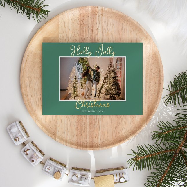 FOIL Green Holly Jolly Christmas Photo and Letter Foil Holiday Card (Creator Uploaded)