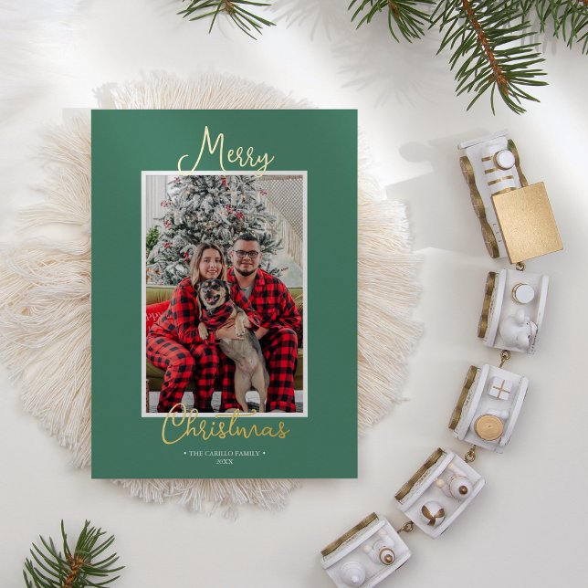 FOIL Green Holly Jolly Merry Christmas One Photo Holiday Card (Creator Uploaded)
