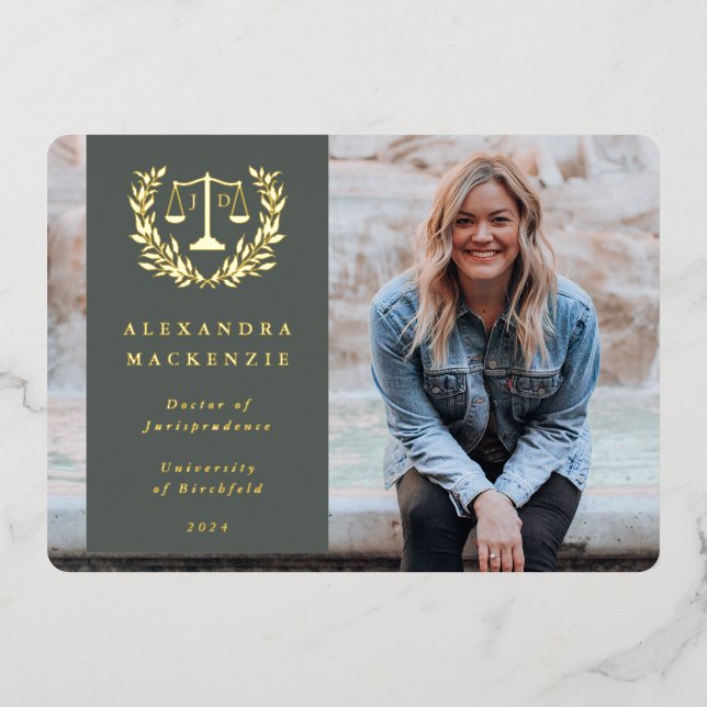 Foil/Green JD Law Scales Graduation Announcement (Front)