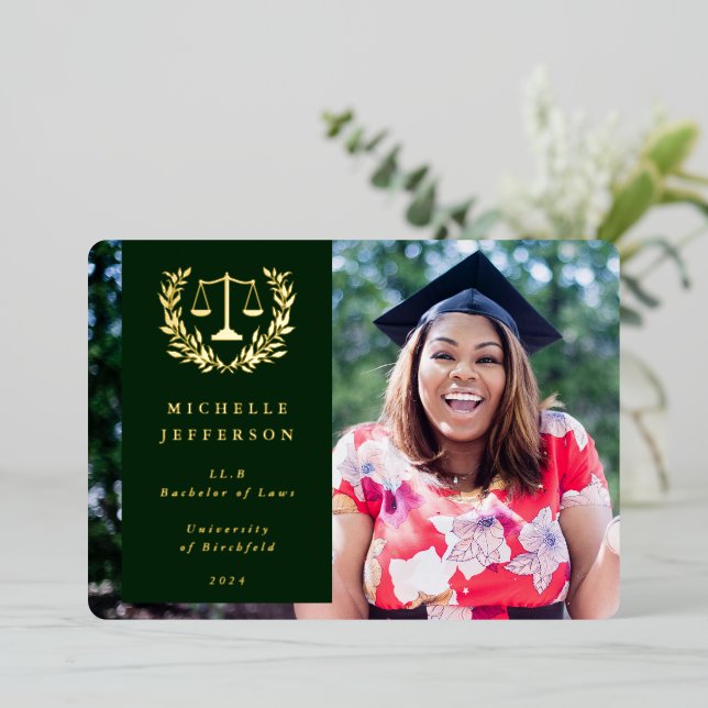 Foil + Green Law School Graduation Announcement (Standing Front)