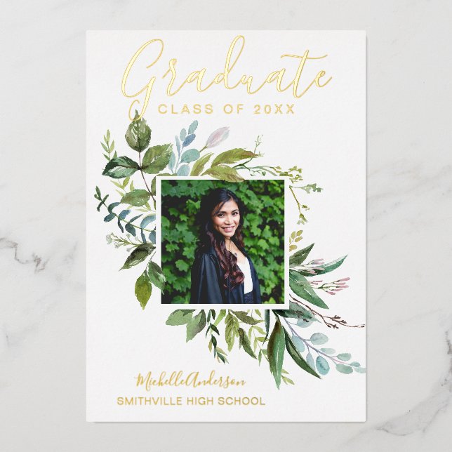 Foil Greenery Gold Photo Graduation Announcement (Front)