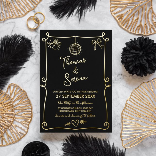 Foil Hand Drawn French Whimsical Doodle Wedding Foil Holiday Card (Creator Uploaded)