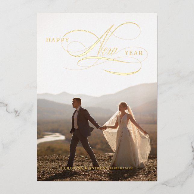 Foil Happy New Year Script Holiday Full Photo Card (Front)