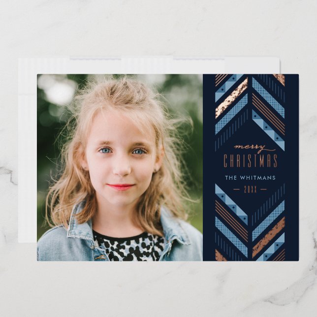Foil Herringbone Band Holiday Photo Card - Blue (Envelope)