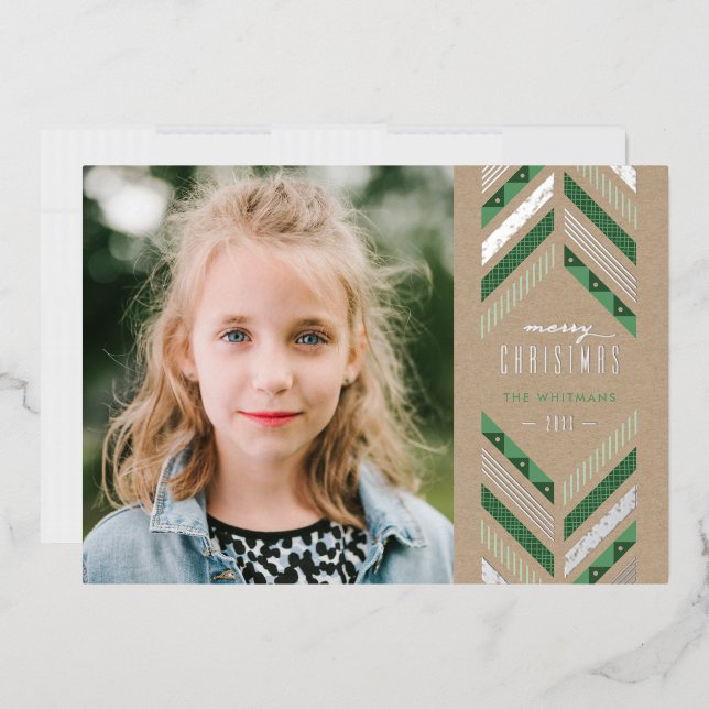 Foil Herringbone Band Holiday Photo Card - Green (Envelope)