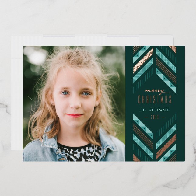 Foil Herringbone Band Holiday Photo Card - Teal (Envelope)