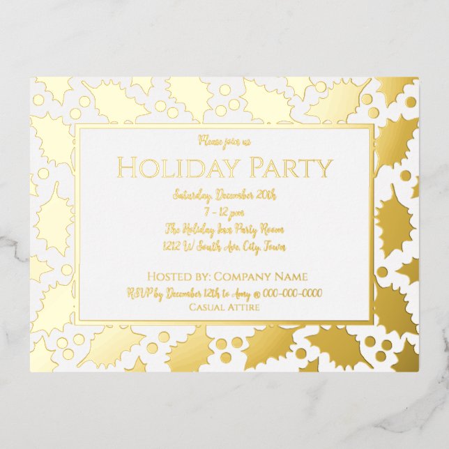Foil Holly Framed Holiday Party Postcard Invite (Front)