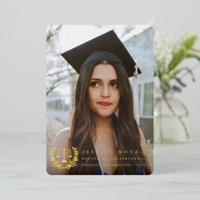 Foil JD Law Scales Graduation Photo Announcement (Standing Front)