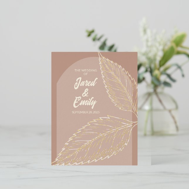 Foil Leaves Soft Mocha Wedding Invitation Postcard (Standing Front)