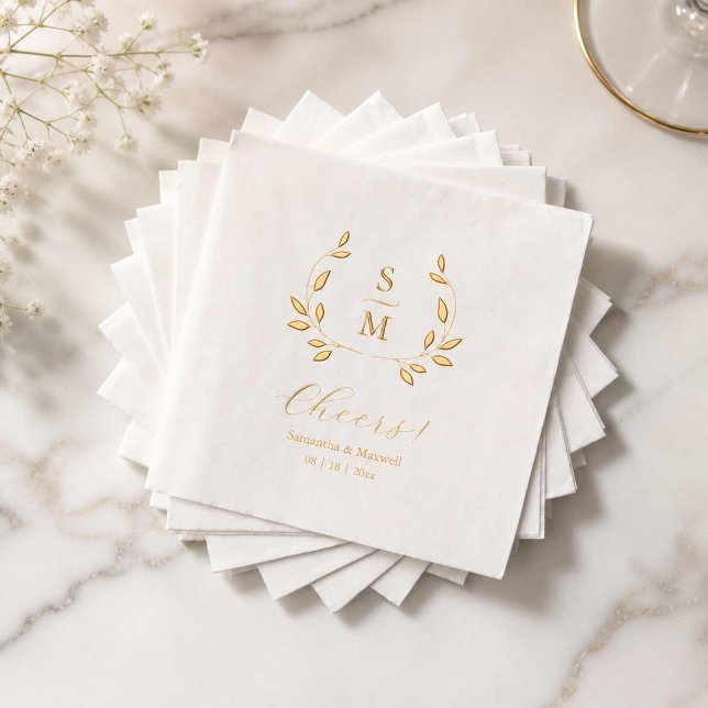 Foil Leaves Wedding Monogram Napkins (Wedding monogrammed cocktail napkins with gold foil leaves and lettering)