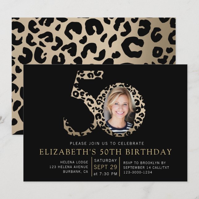 Foil Leopard Print Photo 50th Birthday Invitation (Front/Back)