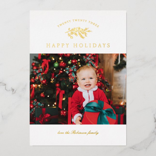 Foil Luxe Pine Bough Photo Holiday Card (Front)