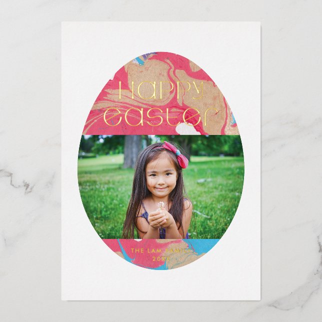 Foil Marbled Easter Egg Holiday Photo Card - Gold (Front)