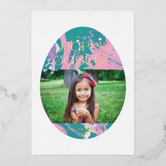 Foil Marbled Easter Egg Holiday Photo Card - Pink (Front)