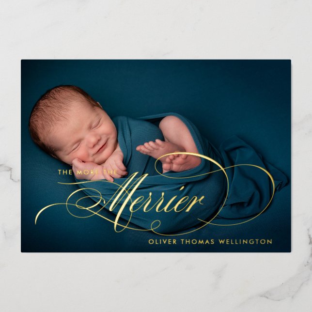 Foil Merrier Christmas Photo Birth Announcement (Front)