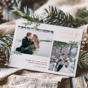 Foil Merry Christmas Greenery Branches 2 Photo Foil Holiday Card