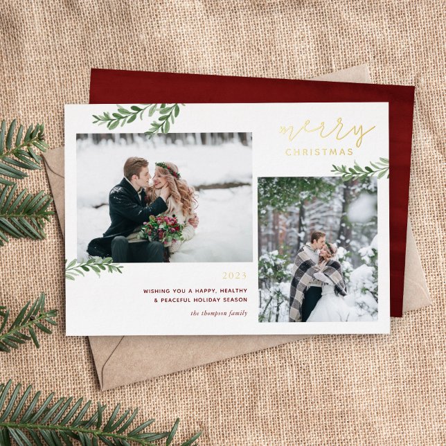Foil Merry Christmas | Greenery Branches 2 Photo Foil Holiday Card (Creator Uploaded)