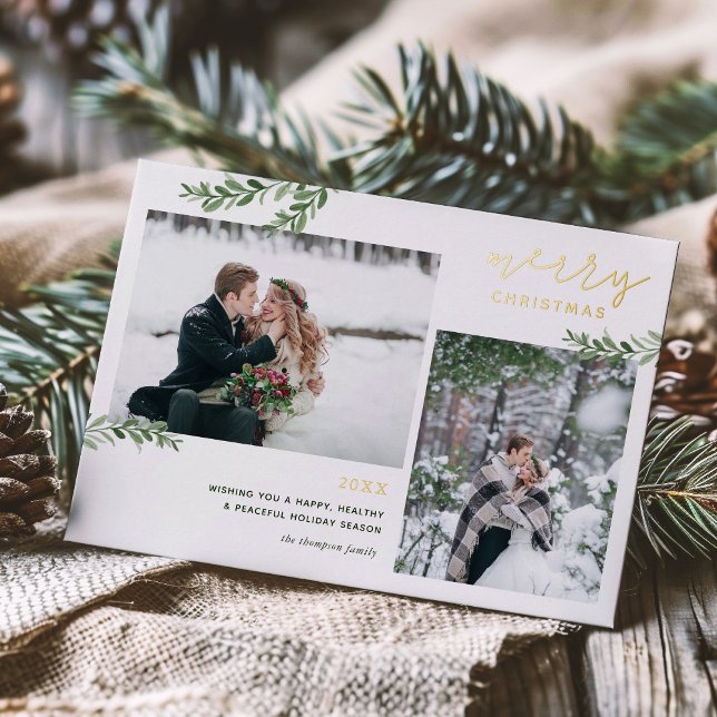 Foil Merry Christmas | Greenery Branches 2 Photo Holiday Card (Creator Uploaded)