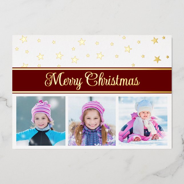 Foil Merry Christmas Photos and Stars Foil Holiday Card (Front)