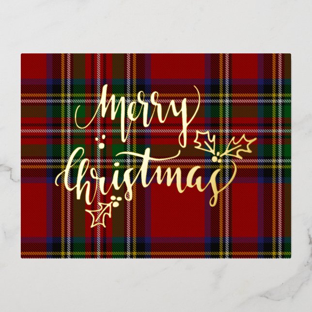Foil Merry Christmas Stewart Tartan Foil Holiday Postcard (Front)