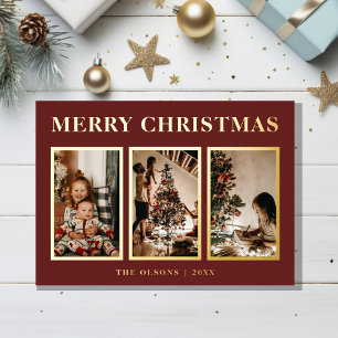 FOIL Minimalist Classic Christmas Red Three Photo Holiday Card