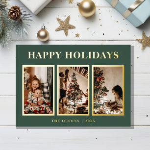 FOIL Minimalist Classic Holidays Green Three Photo Holiday Card