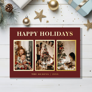 FOIL Minimalist Classic Holidays Red Three Photo Foil Holiday Card