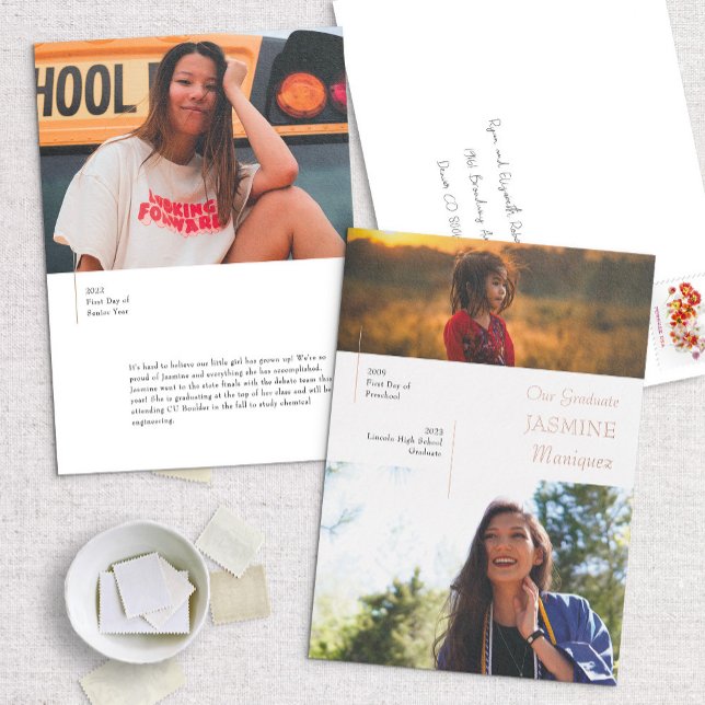 Foil Modern White Then/Now Graduation Announcement (Creator Uploaded)