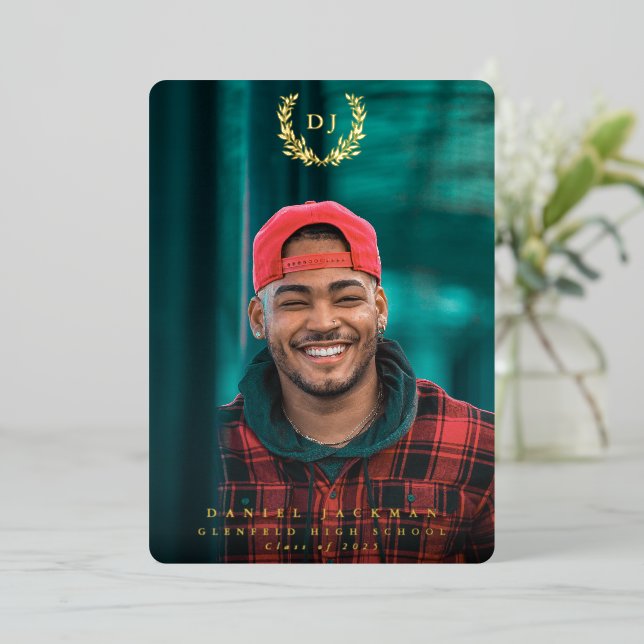 Foil Monogram 2 Photo Graduation Announcement (Standing Front)