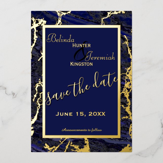 Foil & Navy Blue 5" x 7" Wedding Save the Date (Front)