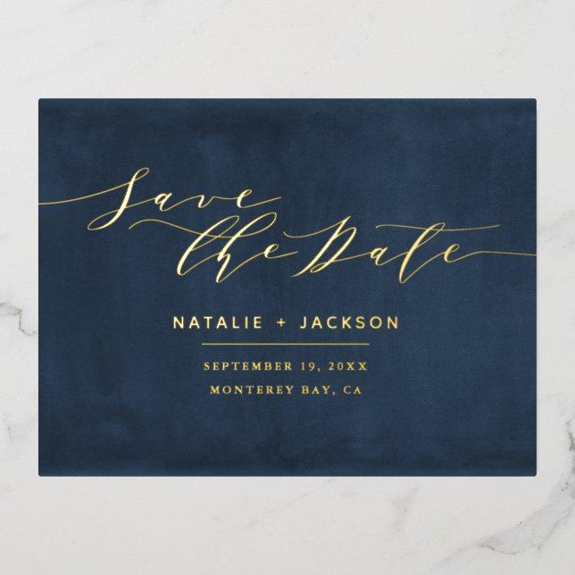 Foil Navy blue white elegant wedding save the date Foil Holiday Postcard (Front)