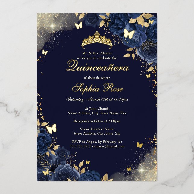 Foil Navy Gold Butterfly Floral Quinceanera (Front)
