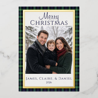 Foil Navy Green Plaid Family Photo Christmas Card