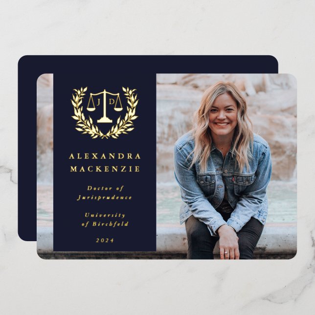 Foil/Navy JD Law Scales Graduation Announcement (Front/Back)