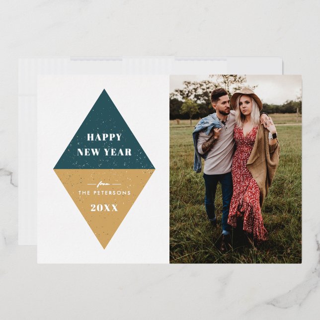 Foil New Year Geometric Photo Card - Teal Blue (Envelope)