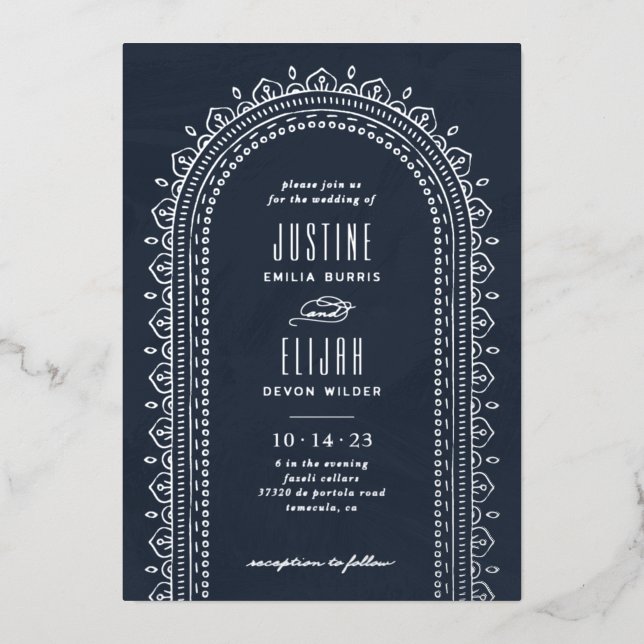 Foil Ornate Arch Wedding Invitation - Navy (Front)