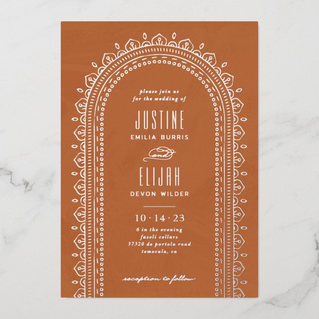 Foil Ornate Arch Wedding Invitation - Tan (Front)