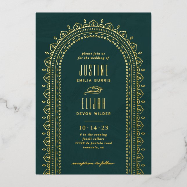 Foil Ornate Arch Wedding Invitation - Teal (Front)