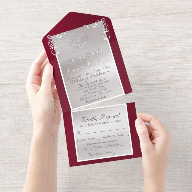 Foil Ornate Frame & Heart - Burgundy All In One Invitation (Tearaway)