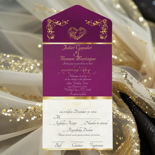 Foil Ornate Frame & Heart - Plum All In One Invitation (Creator Uploaded)