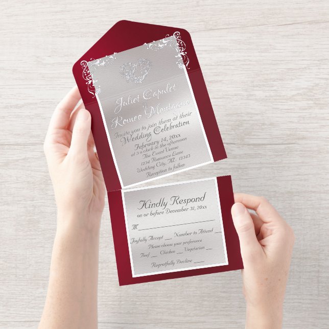Foil Ornate Frame & Heart - Red All In One Invitation (Tearaway)
