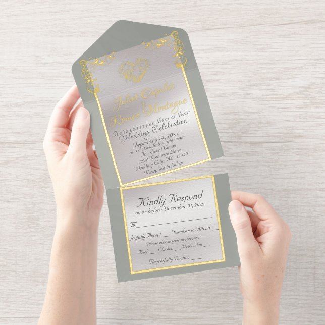 Foil Ornate Frame & Heart - Sage All In One Invitation (Tearaway)
